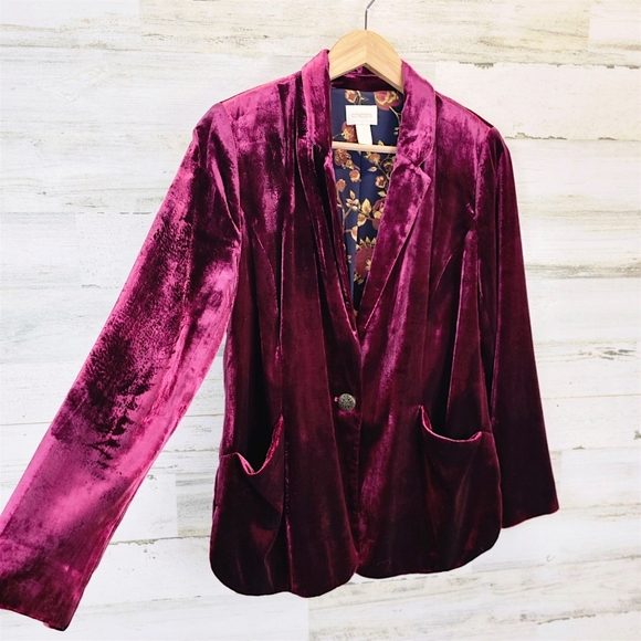 Chico’s Velvet Blazer Size M Wine Plum Burgundy Floral Lining Holiday Party - Picture 7 of 16